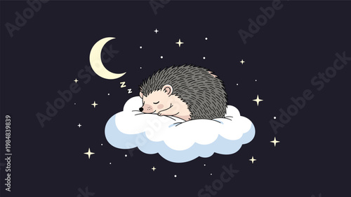 Cute little hedgehog sleeping peacefully on a fluffy white cloud in a starry night sky with a crescent moon.