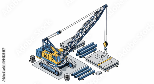 Crawler Crane Lifting Concrete Slabs Isometric Vector Illustration for Construction and Industrial Design