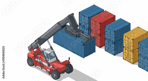Isometric Logistics Illustration: Reach Stacker Handling Cargo Containers in Port Terminal, Global Shipping and Freight Industry Concept