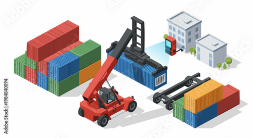 Isometric Logistics and Shipping Container Terminal with Automated Scanner and Reach Stacker for Global Freight Transport and Supply Chain Management Illustration