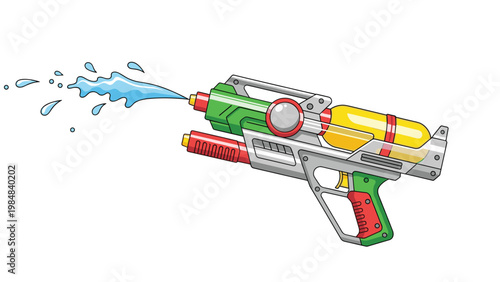 Powerful looking toy water gun with a green body, yellow tank, and water splashing from the nozzle for summer fun.