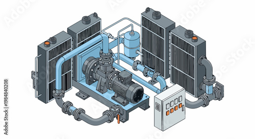 Isometric Industrial Cooling System with Electric Motor and Centrifugal Pump Assembly. Technical Line Art Illustration for Engineering and Manufacturing Processes.