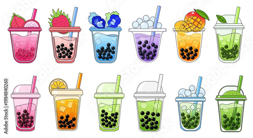 Isolated vector illustration set of different drinks, fruits, vegetables, and juice with spring garden flowers, plants, and a cactus in a pot or bucket for nature food art and Easter decoration