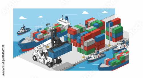 Isometric Illustration of a Busy Container Port Terminal with Cargo Ships, Reach Stacker, and Shipping Containers for Global Logistics and Trade