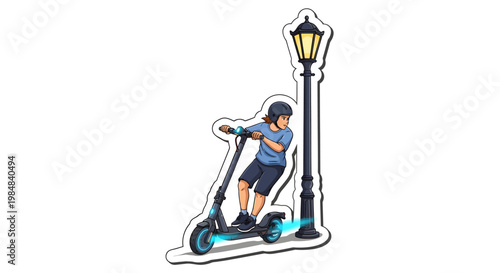 Teenager riding electric scooter next to street lamp post