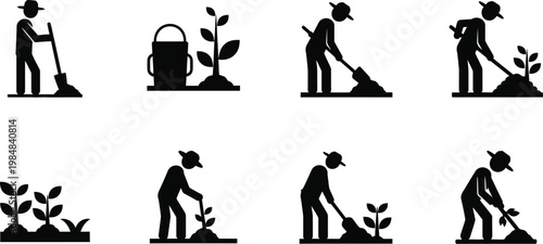 Gardening and planting icons set with gardening planting gardener cultivation agriculture