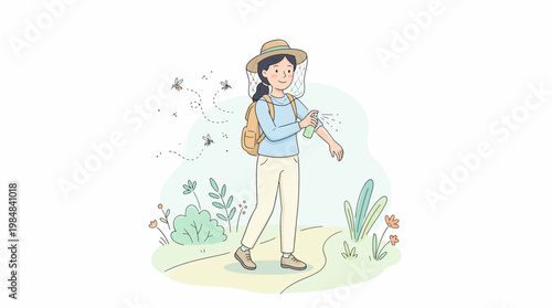 A woman practices mosquito prevention and malaria awareness while traveling through a natural landscape with plants and insects. Suitable for educational illustrations, campaigns, or World Malaria Day