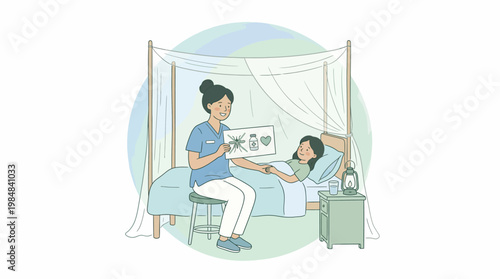 Nurse raising Awareness about mosquito Malaria Prevention to patient lying in bed. Suitable for educational illustrations, campaigns, or World Malaria Day posters.