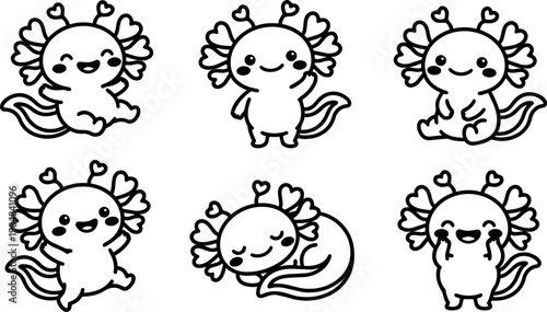Cute axolotl cartoon characters with different emotions and poses black and white line art