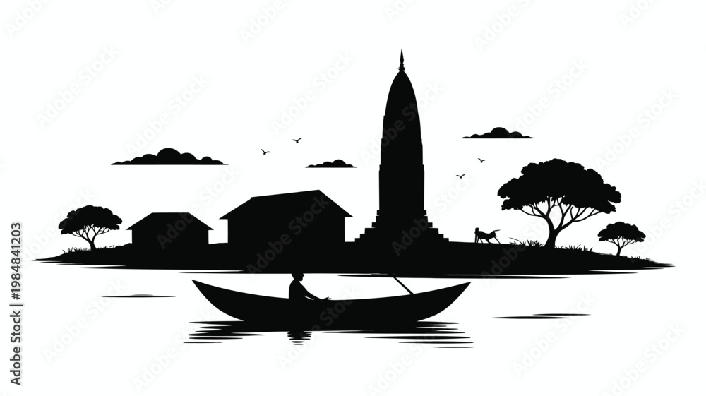 Αυτοκόλλητο Silhouette of a coastal village with a pagoda boat and trees