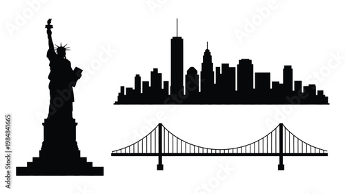 New york city skyline featuring the statue of liberty and golden gate bridge