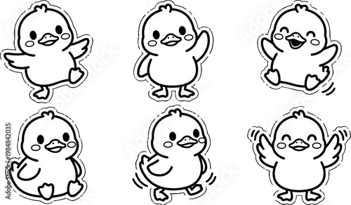 Black and white line art happy cartoon chick in six playful poses