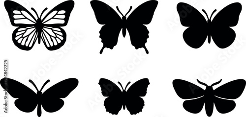 Black and white silhouette set of six butterfly and moth vector art