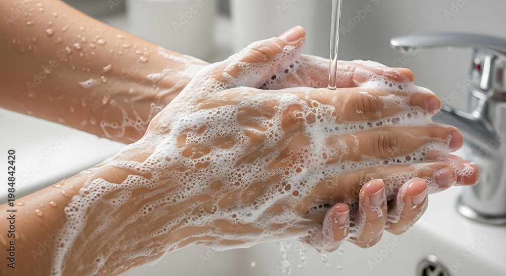 Fototapeta premium Close-up of human hands thoroughly washing with rich soap foam under running tap water in a clean sink, emphasizing daily personal hygiene and health protection.