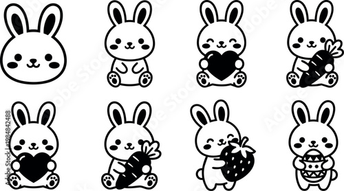 Black and white kawaii bunny holding heart carrot strawberry and egg line art vector