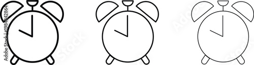 Minimalist alarm clock icon set, black and white line art clock vectors, simple time management symbols for web and mobile UI design