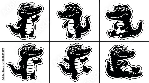 Cool sunglasses cartoon crocodile standing sitting and gesturing in black and white vector art