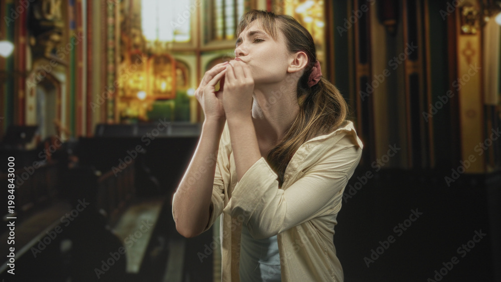 Fototapeta premium Woman blows a kiss with hand to lips inside ornate catholic church building, facing forward and slightly uplifted; reverence faith.