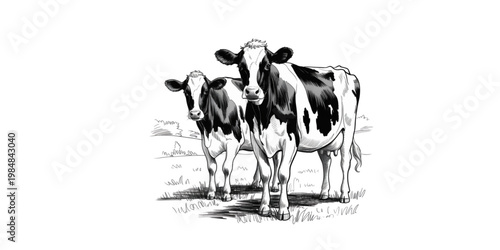 A black and white illustration of a cow grazing in a field Vector