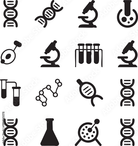 Laboratory equipment and DNA vector graphic illustration set for science research and genetic studies tools