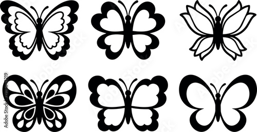 Black and white symmetrical butterfly shapes in vector line art style