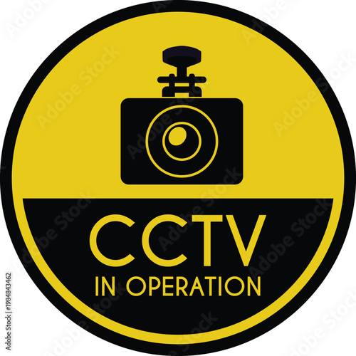 CCTV in operation round black yellow round vector sign, surveillance camera symbol, security safety protecting device