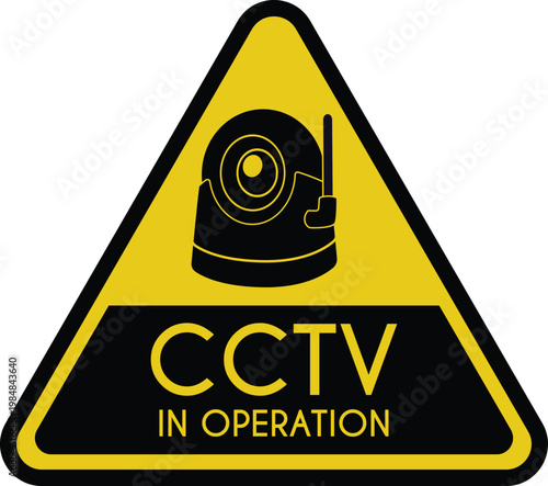 CCTV in operation triangle black and yellow vector sign, surveillance camera symbol, security safety protecting device