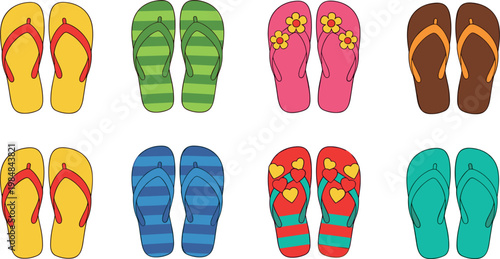 Colorful Flip-Flops with Stripes, Flowers, Hearts, and Bright Designs for Summer, Beach, and Vacation Themed Illustrations