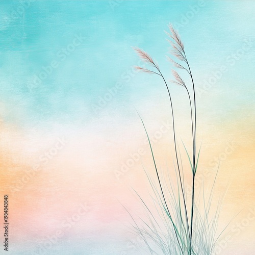Serene Landscape with Soft Pastel Colors and Delicate Grass Silhouettes