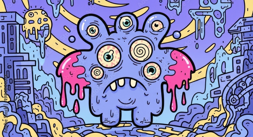 Obraz premium Abstract illustration of a multi eyed monster character in a surreal environment