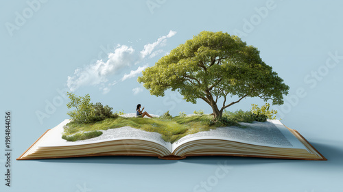 An open book with an illustration of green grass and blue sky, there is also one tree in the middle of it. Ai generated