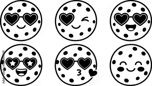 Black and white love heart sunglasses cookie faces with varied smiles and winks