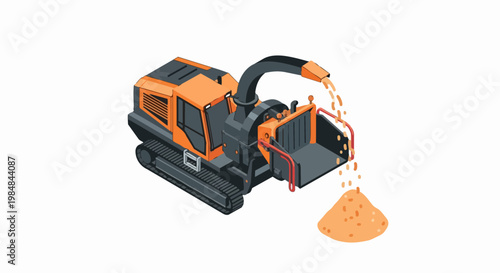 Isometric Industrial Wood Chipper Machine on Crawler Tracks Processing Forestry Waste into Wood Chips for Biomass Energy