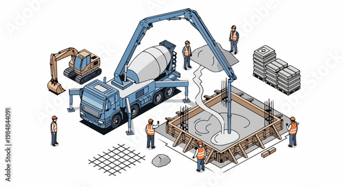 Isometric Construction Site Illustration with Concrete Mixer Pump Truck and Building Workers