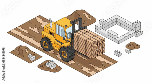 Isometric Illustration of a Yellow Forklift Transporting Wood Lumber on a Construction Site with Foundation Blocks