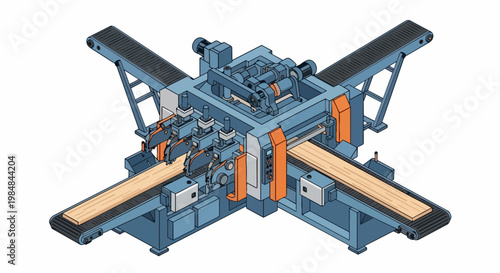 Industrial Woodworking Machine Isometric Illustration - Automatic Multi-Blade Saw and Conveyor System for Timber Processing and Wood Manufacturing