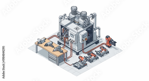 Isometric Industrial Air Compressor and Pneumatic Power Tools Workshop Illustration