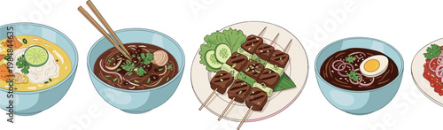 Variety of Asian Noodle Dishes, Skewers, and Soups with Fresh Ingredients for Food, Cuisine, and Restaurant Designs