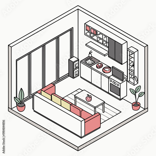 A living room with a kitchenette and furniture