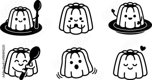 Black and white kawaii pudding characters expressing emotions with spoons and gestures
