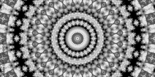 Abstract monochrome black and white round geometric fractal seamless pattern. Graceful patterns are rhythmically arranged in circles and radiate from the center. 3D rendering. 3D illustration.