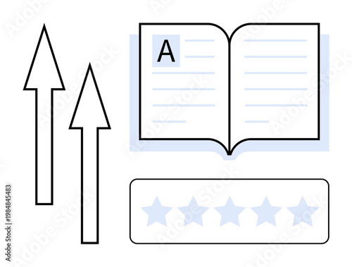 Education, progress, feedback, learning, goal setting, improvement. Open book with arrows pointing upward and a star rating bar. Education and progress concept