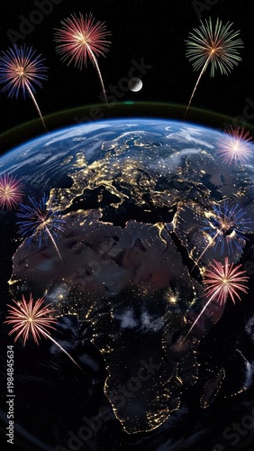 Earth with colorful New Year fireworks celebration in the night sky over a bright festive world scene