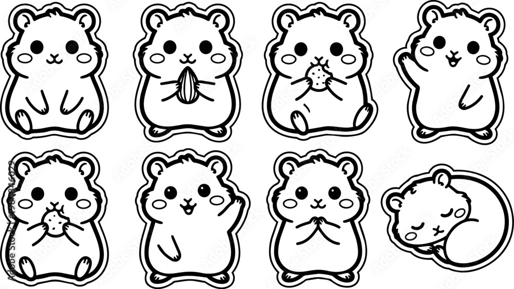 Fototapeta premium Cute black and white hamster cartoon characters eating and sleeping line art