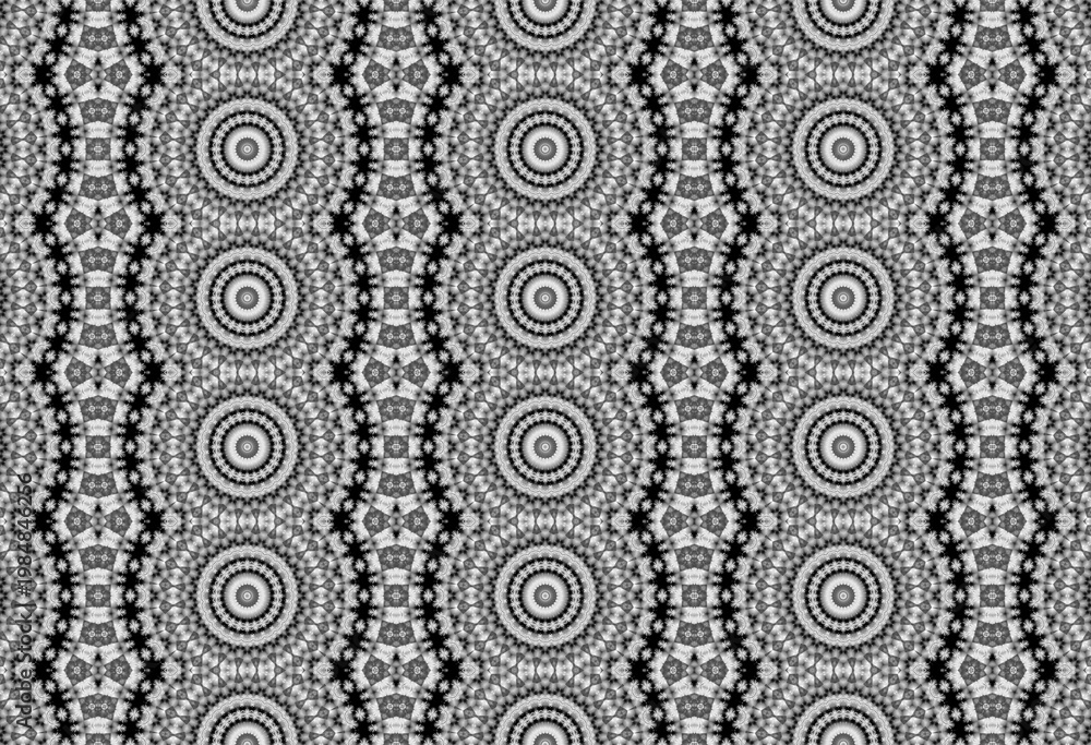 Fototapeta premium Abstract floral monochrome black and white repeating geometric fractal patterns. The patterns are rhythmically arranged in rows. 3D rendering. 3D illustration.