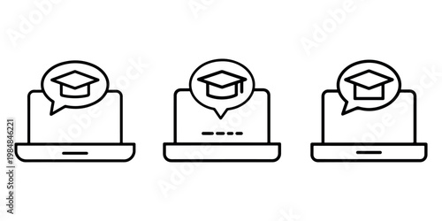 Online education icons featuring laptop with graduation hat in speech bubble vector set for distance learning webinars e-learning courses and schooling