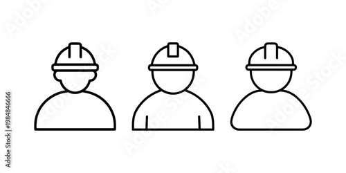 Industrial worker profile icons set featuring construction engineers wearing safety hard hat protective headgear in minimal black line style graphic vector