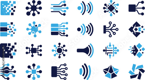 Digital technology icons with circuit boards processors and data flow symbols in blue tones.