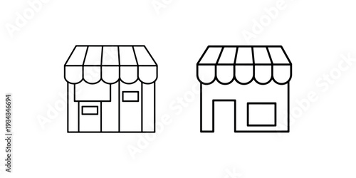 Pair of simple outline icons representing storefronts or shops, one with display windows and awning, commercial buildings