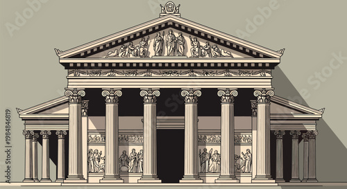 An ancient Greek temple with columns and sculptures on a plain background
